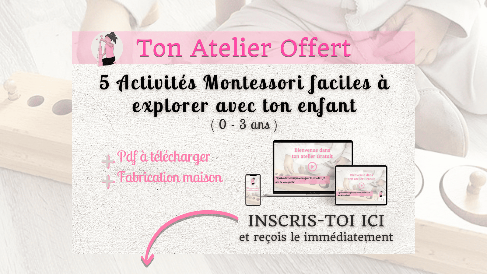 Une affiche digitale qui présente un Atelier de Formation Montessori Offert